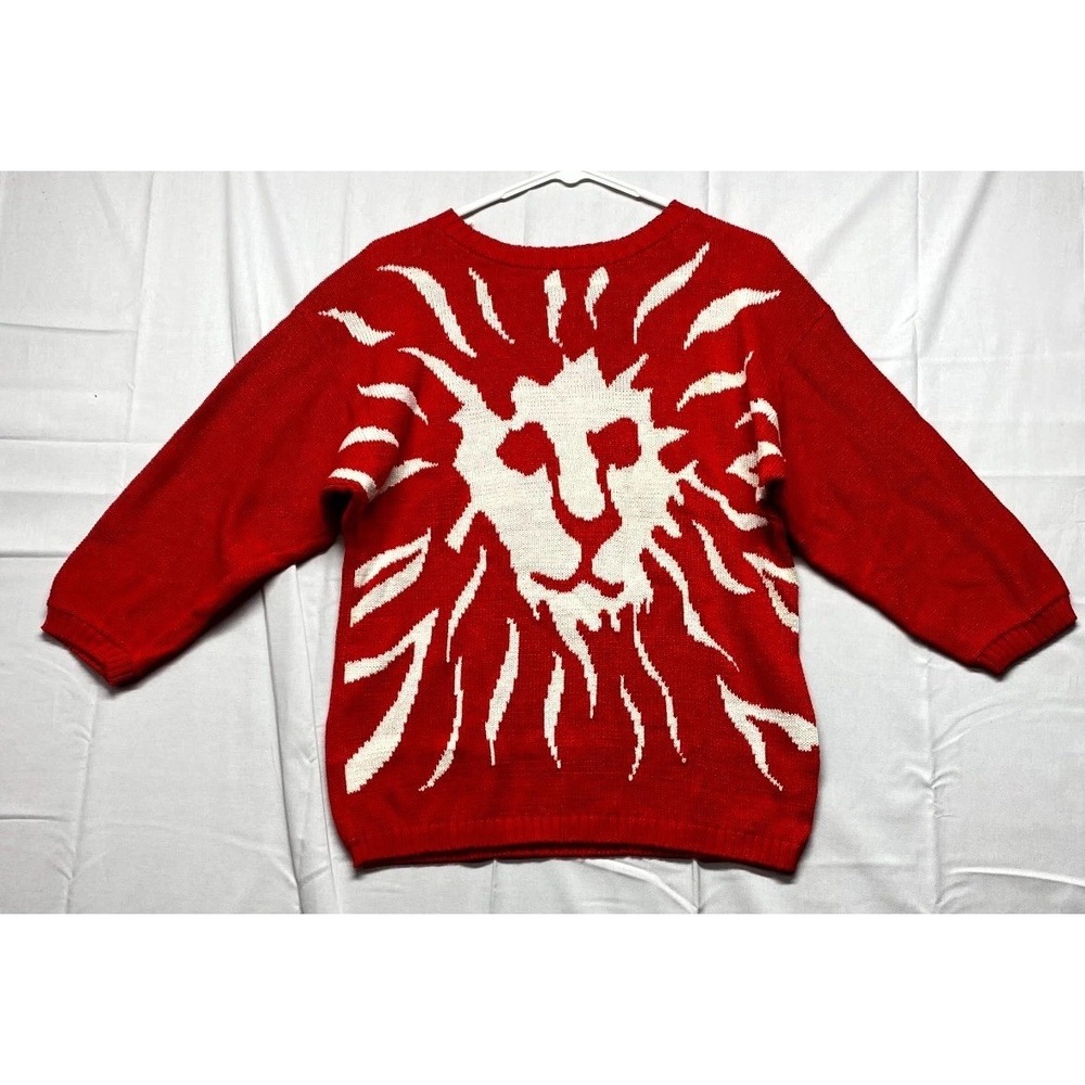 Anne Klein Sweater Womens Medium Red Lion Head Logo Tight Knit Cotton Winter